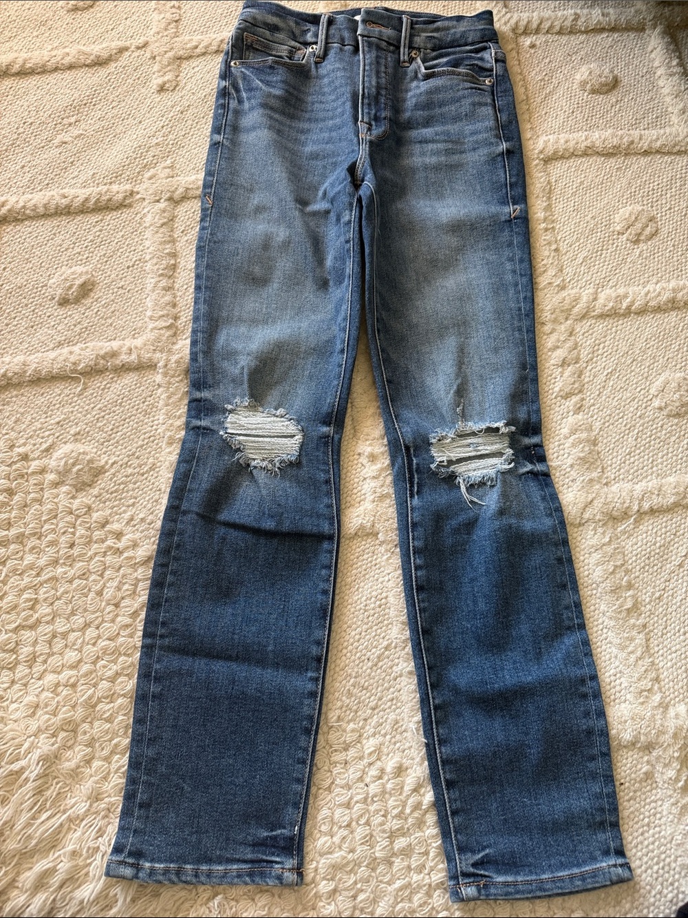 Good American Distressed Mid Blue Straight Leg Jeans